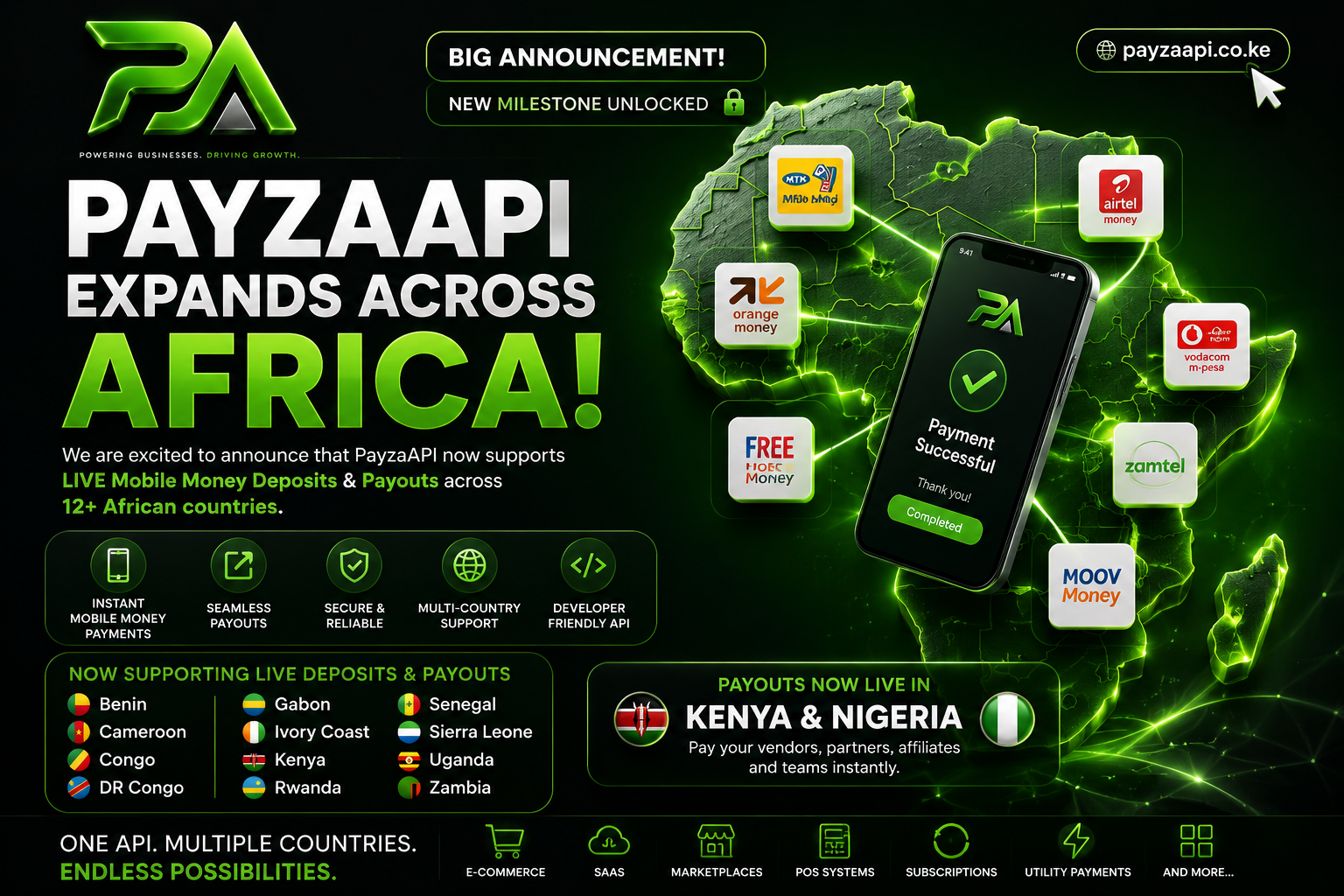 🌍 PayzaAPI Expands Across Africa: Mobile Money Deposits & Payouts Are Now Live